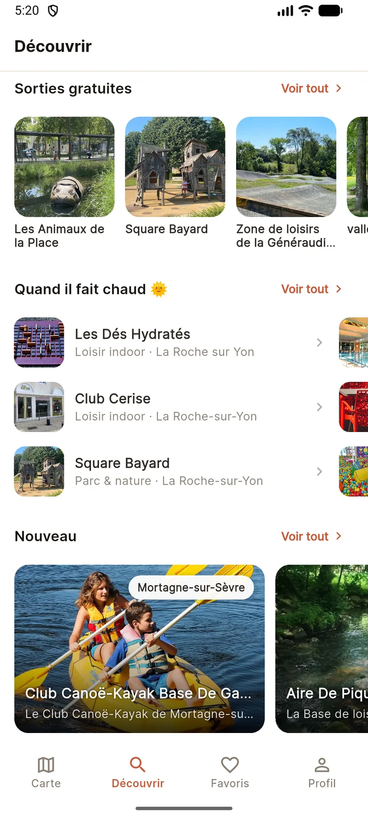 L'écran Découvrir de l'application : sorties gratuites, idées quand il fait chaud, nouveaux lieux