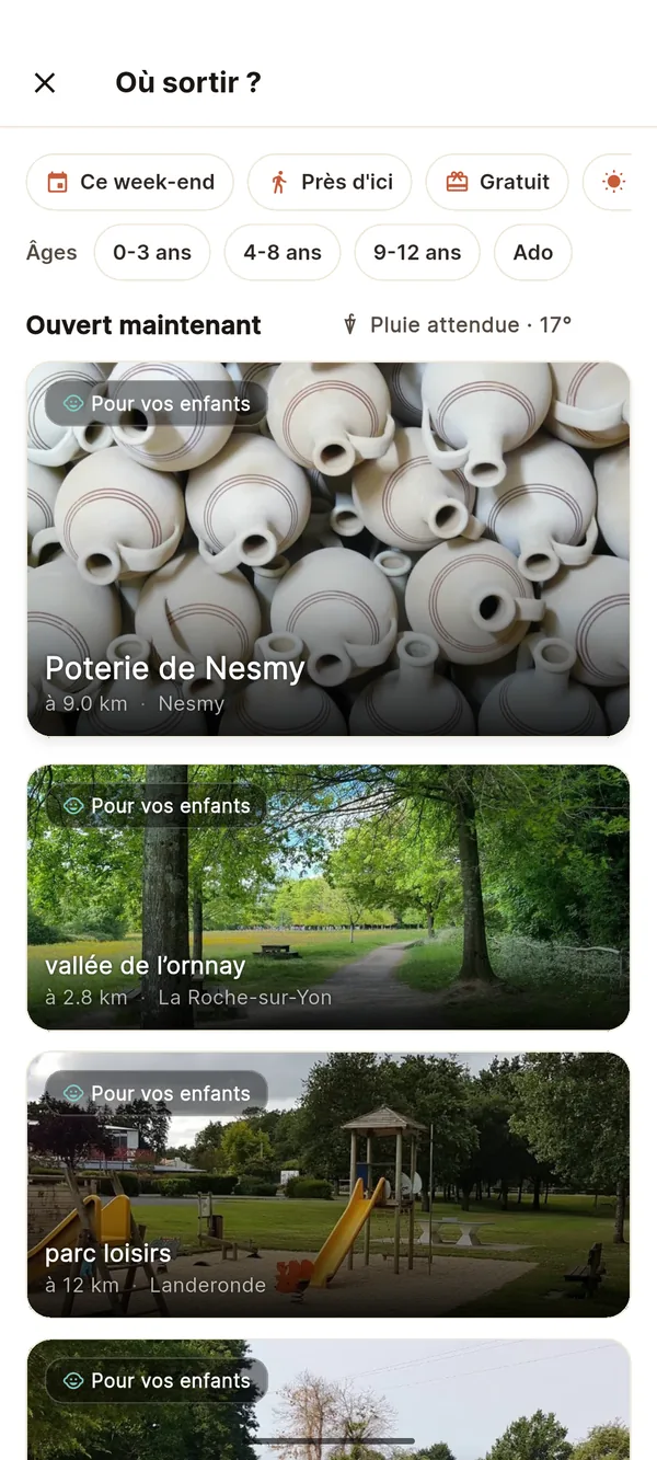 Suggestions du bouton Où sortir ? dans l'application Bouge ta famille