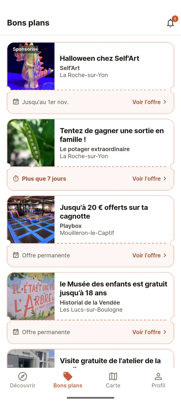 L'onglet Bons plans de l'application, avec un bon plan en premier, marqué Sponsorisé